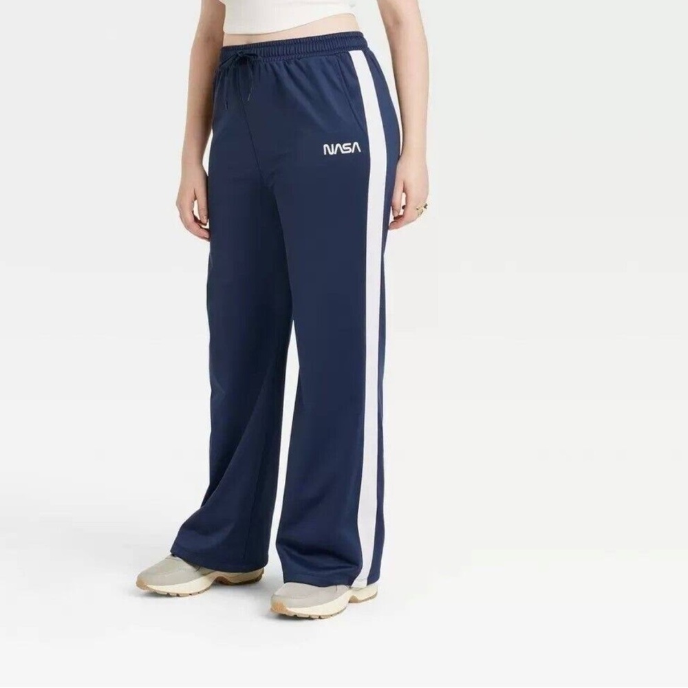 Mighty Fine Women's NASA Graphic Wide Leg Track Pants - Blue